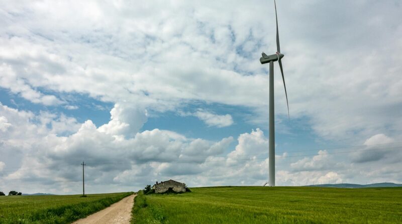 white wind turbine on green grass field under white clouds and blue sky