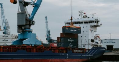 blue and red cargo ship with crane