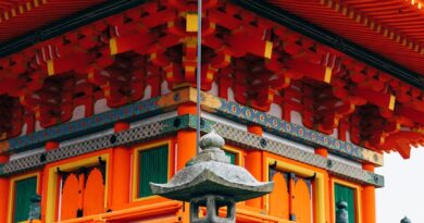 a pagoda with orange and green decorations