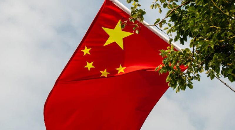 chinese national flag waving amongst trees outdoors